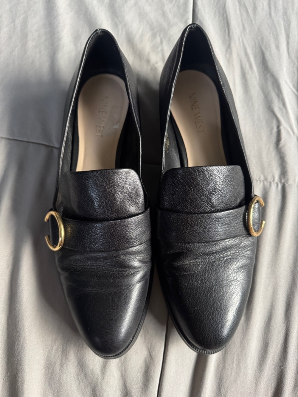 Nine West Women’s Black Leather Loafers with Gold Accent Buckles